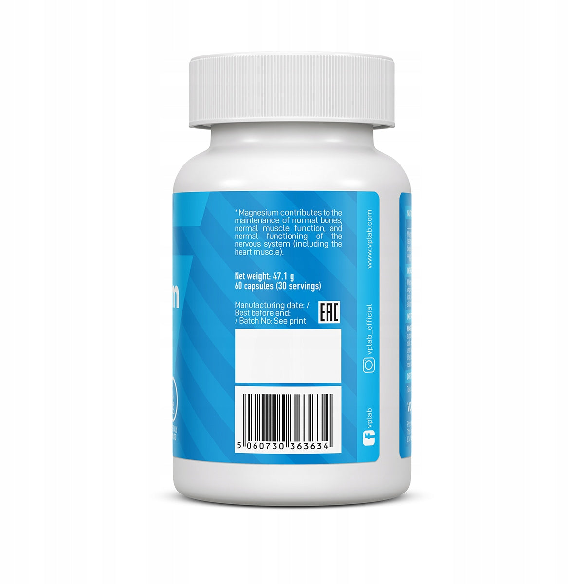 Magnesium VPLab Magnesium Bisglycinate Chelate 260mg 60 Capsules for Muscle Nerves Brand VPlab