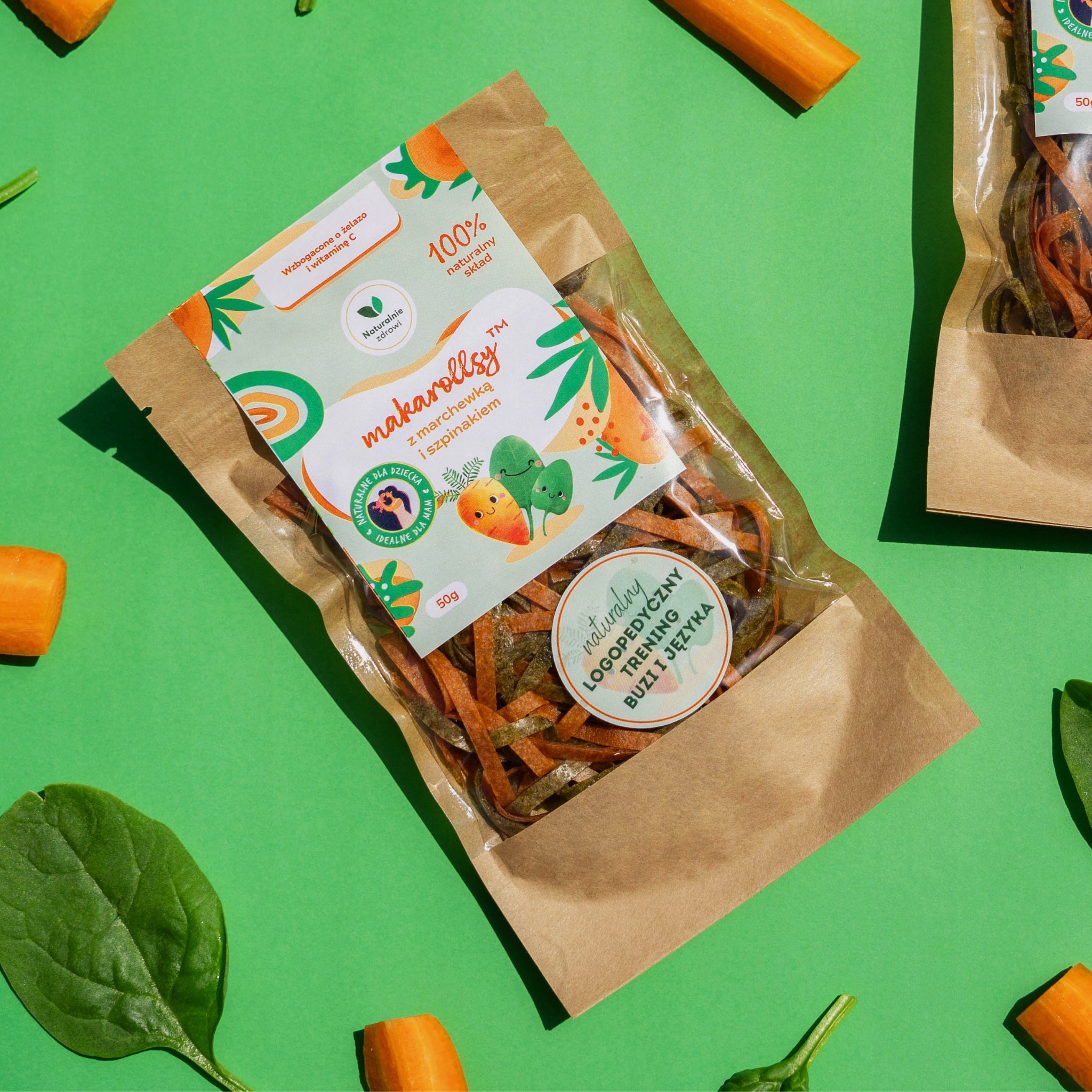 Makarollsy Carrots-Spinach 50 g Fruit and Vegetable Healthy Sugar Free Snack Packaging status original