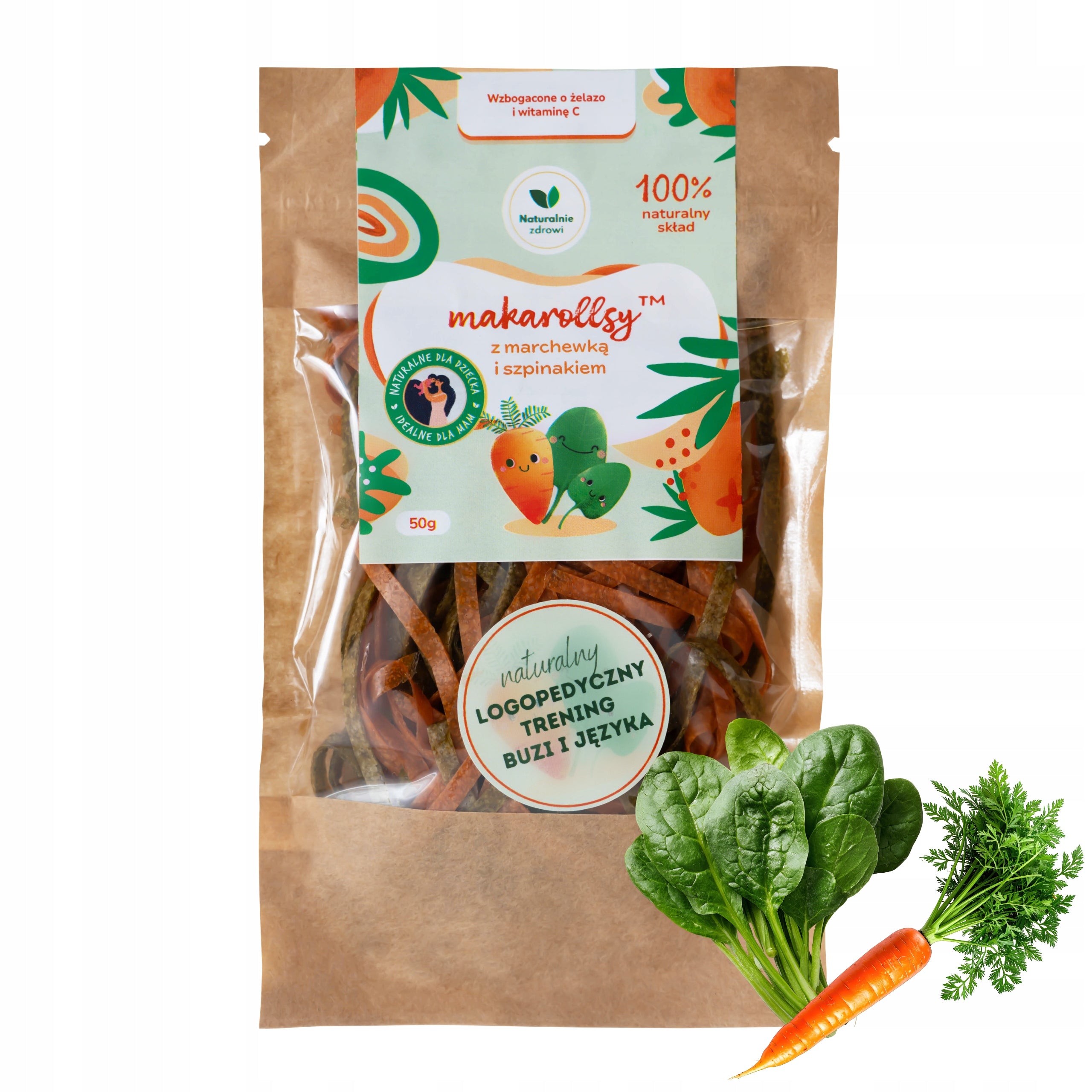 Makarollsy Carrots-Spinach 50 g Fruit and Vegetable Healthy Sugar Free Snack