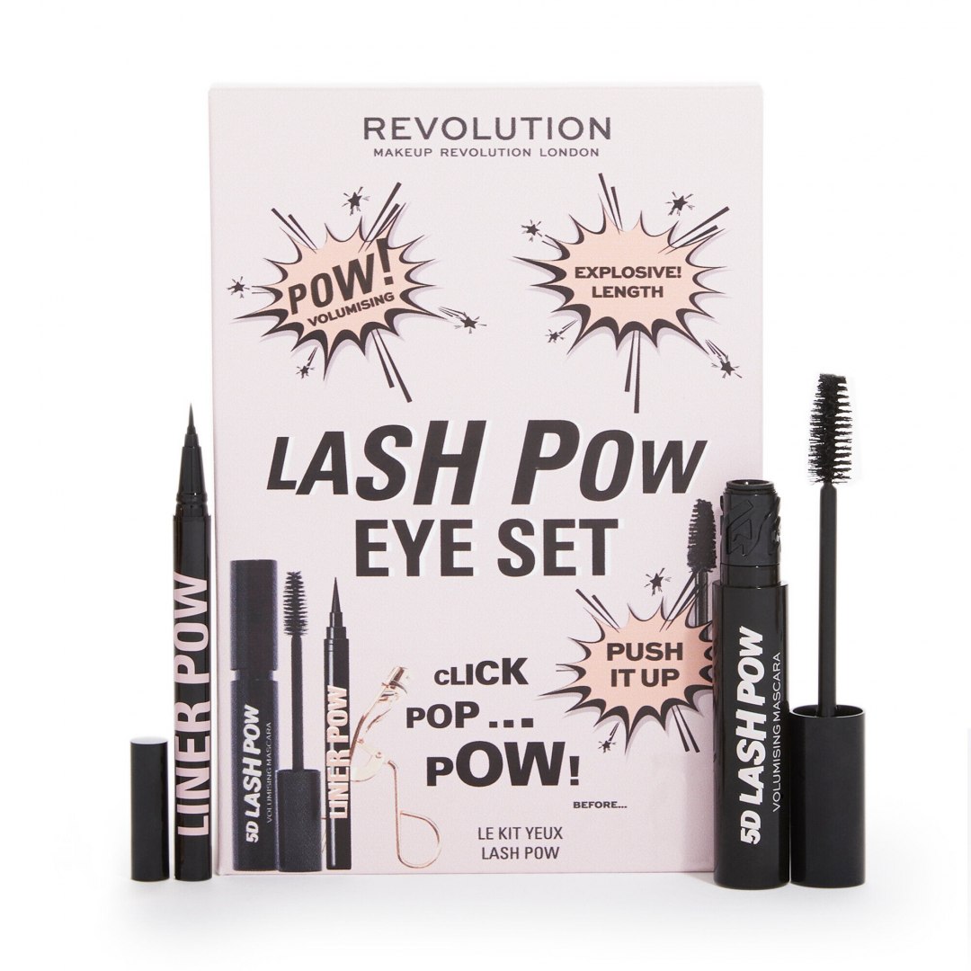 Kosmetikset Revolution Beauty Lash Pow Eye Set für Damen: Mascara + flüssiger Eyeliner + Wimpernzange