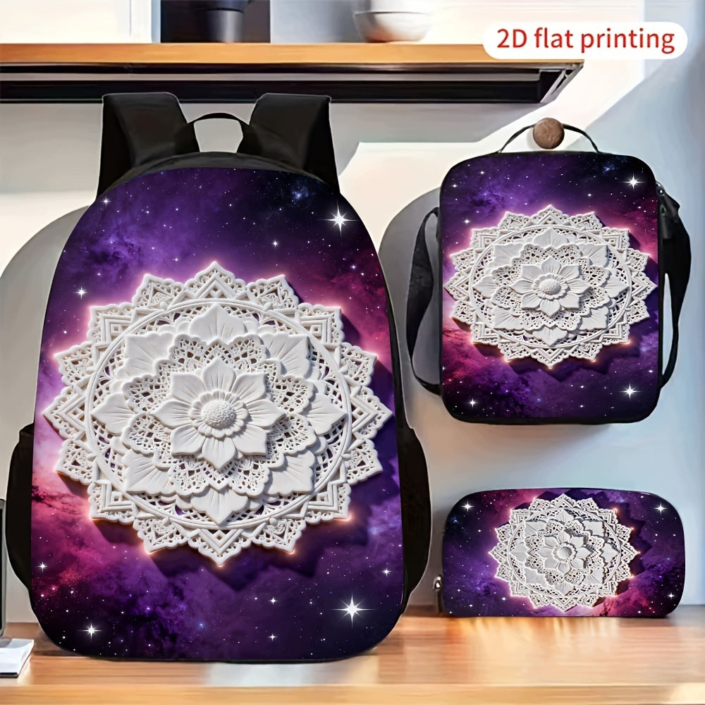 Mandala Lace Starry Sky Backpack Set with 2D Flat Crossbody Pencil Pouch
