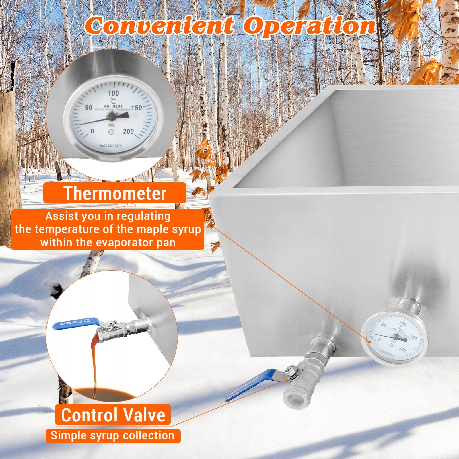 Maple Syrup Evaporator Pan, 2 Valves & Thermometer, 79.5L, 76*41*48CM Model Pan