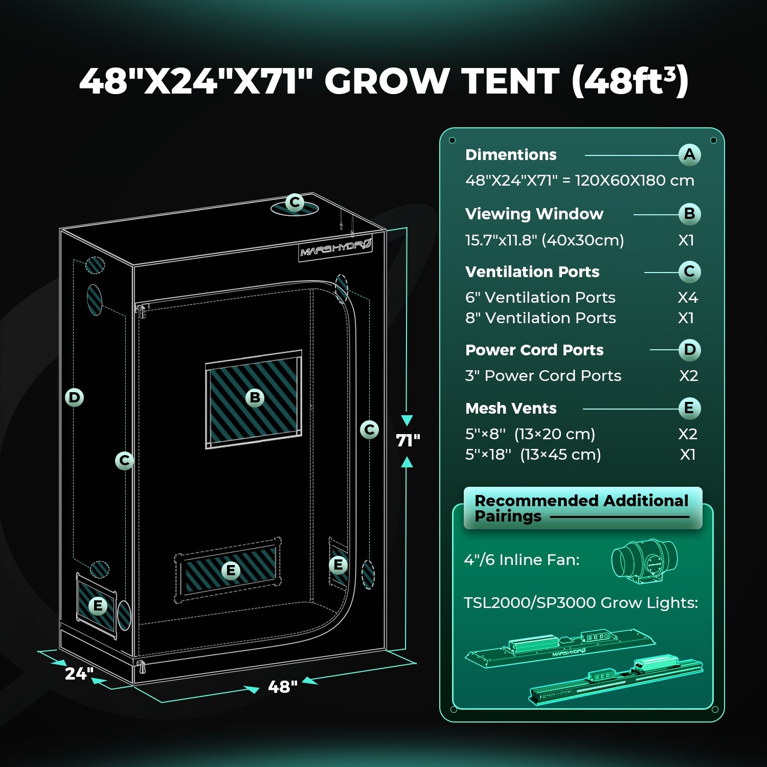 Mars Hydro 120x60x180cm Grow Tent 1680D Oxford Mylar Lightproof for Indoor Packaging status original