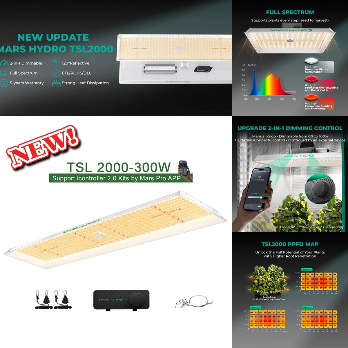 Mars Hydro 120x60x180cm Growbox Grow Kit|TSL 2000 300W LED|6” Clip on Fan Width 0.6 m