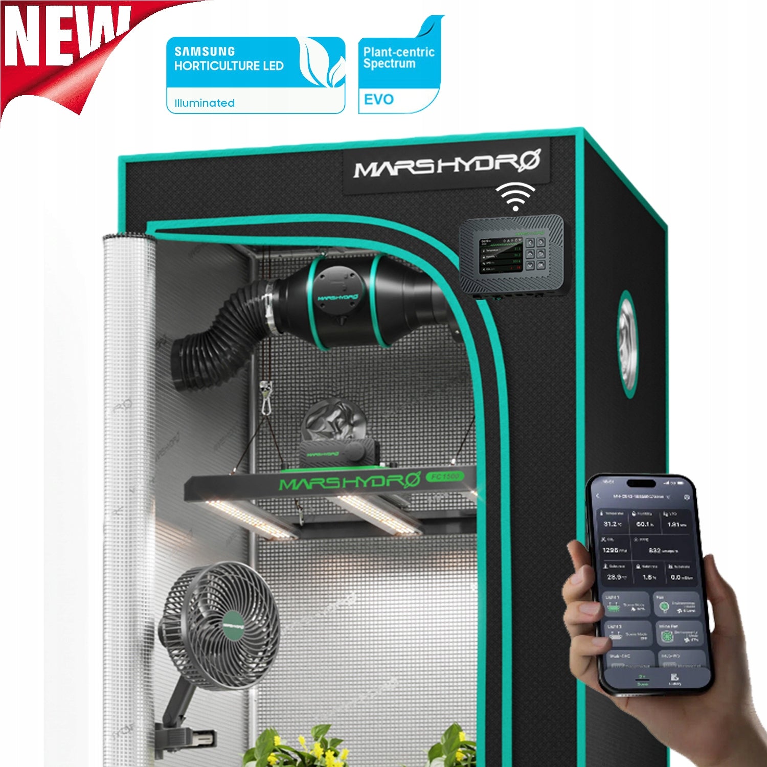 Mars Hydro 80x80x160cm Smart Growbox Grow Kit|FC 1500|6” Clip Fan|APP/Wifi