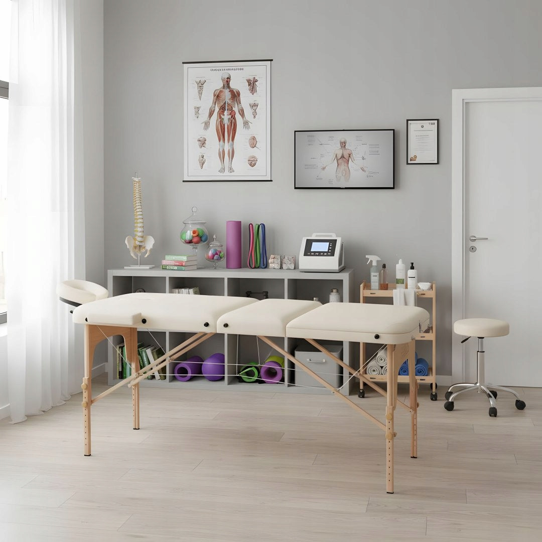Massage Table Folding Wooden 3 Segment Rehabilitation With Bag White Packaging status original