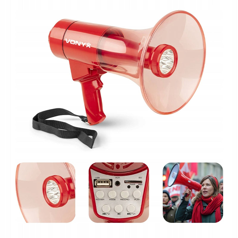 Megaphone 50W Vonyx red with LED light BT USB siren for marches