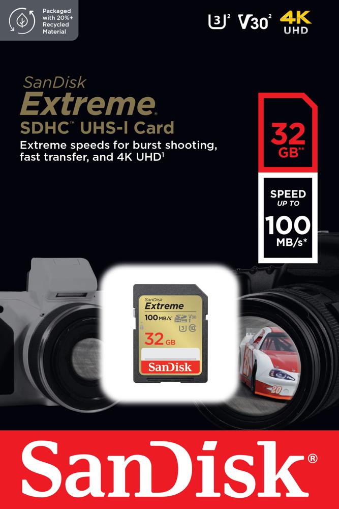 Memory card Sandisk SDHC Extreme 32GB 100 MB/s U3 V30 UHS-I 4K Manufacturer code SDSDXVE-032G-GNCIN