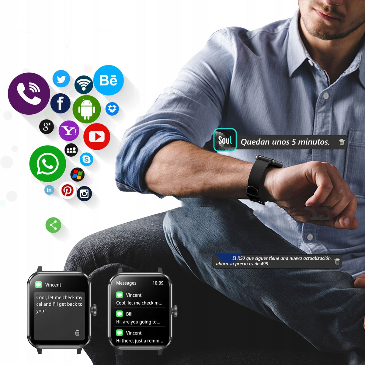 Men's Smartwatch 1.85'' Waterproof Call SMS 320+ free watch faces Pedometer Manufacturer code AG-R50-black