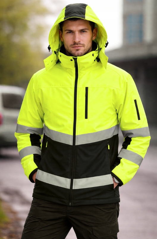 Men's Work Jacket SOFTSHELL Reflective Waterproof Yellow BHP with Hood Packaging status original