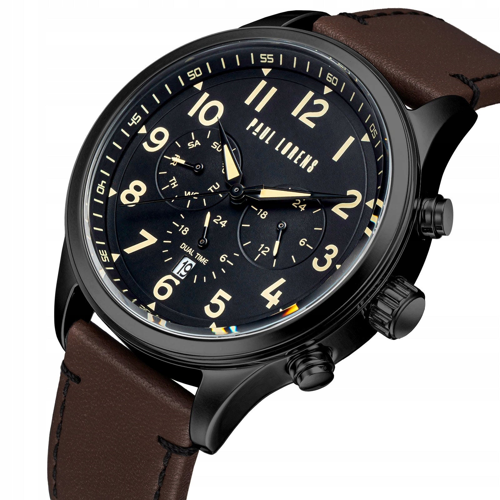 Men's leather watch Paul Lorens BAYAS with date - daily time