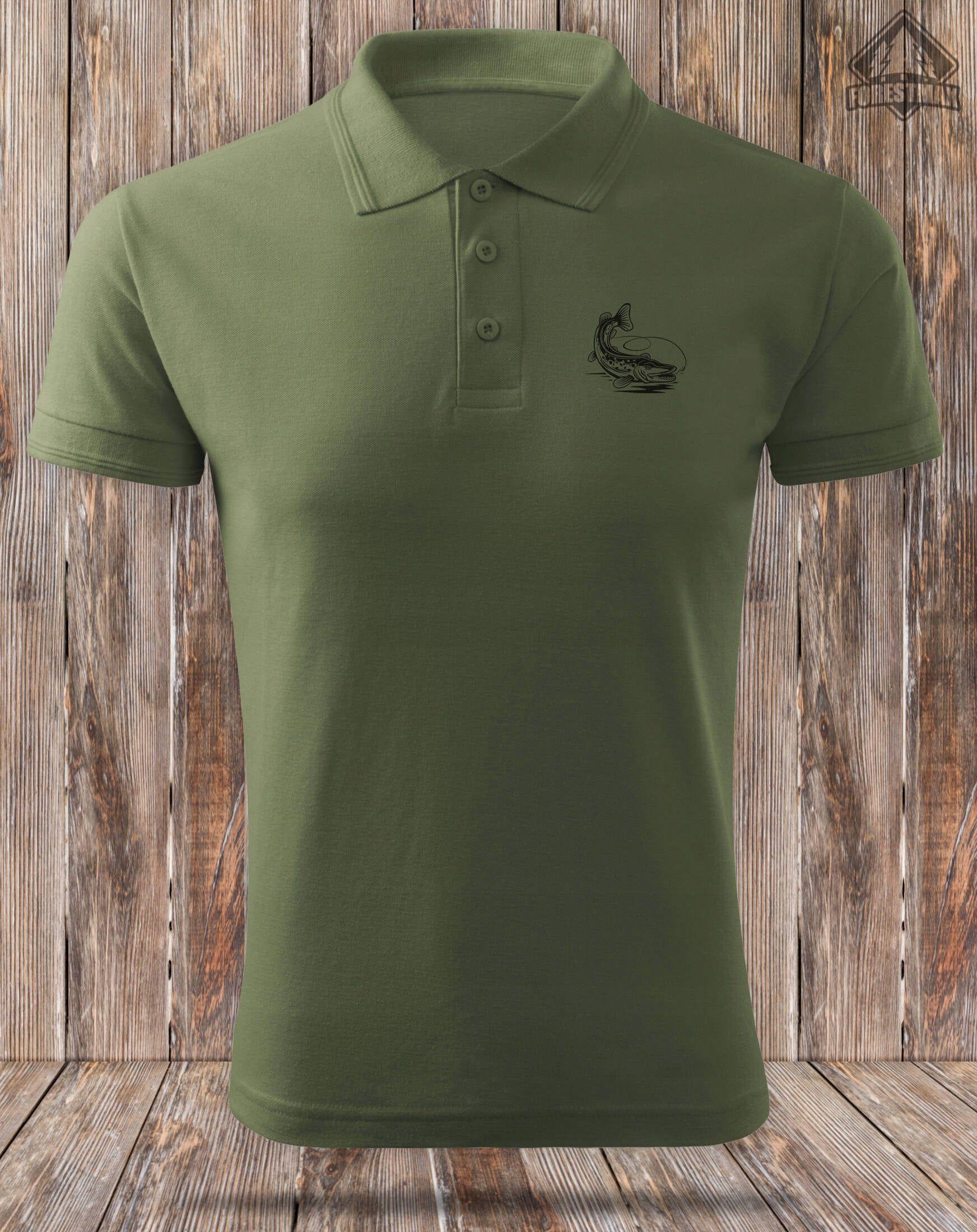 Men's polo shirt khaki color fishing print PIKE gift for Him Brand ForestMax
