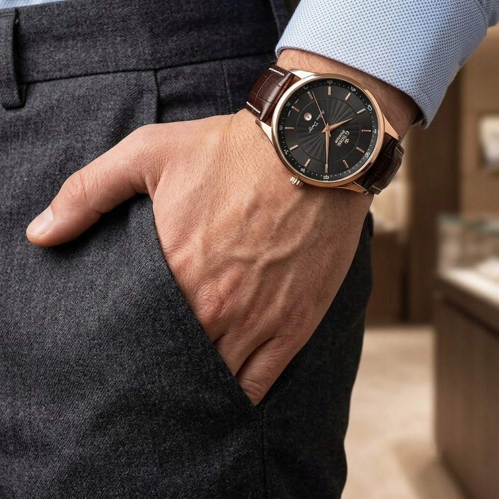 Men's watch G. Rossi PREMIUM-Scott- steel with ENGRAVING - leather strap Packaging status original
