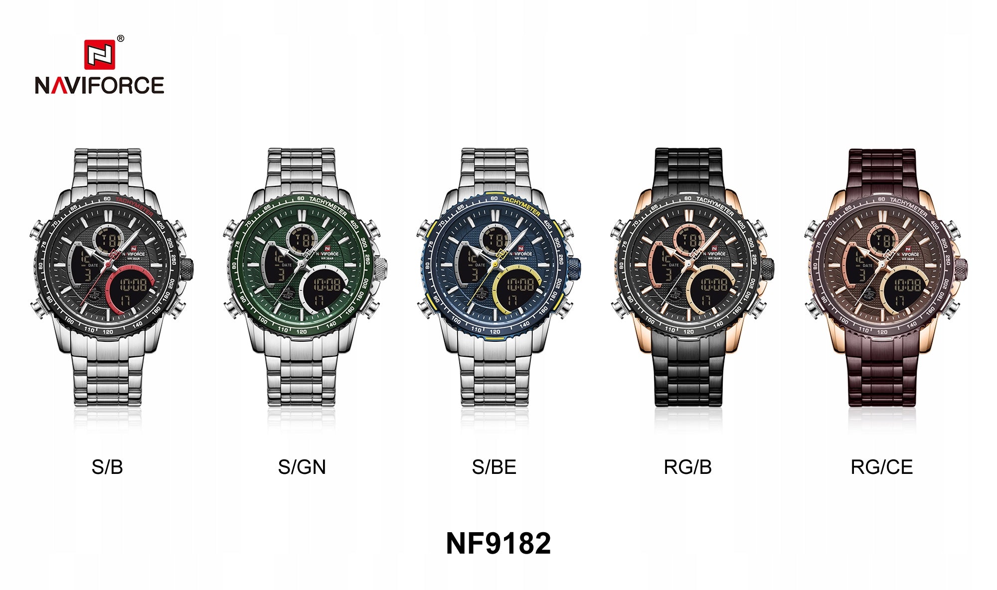 Men's watch NAVIFORCE LUXURY BACKLIGHT STEEL BRACELET 4 COLORS Manufacturer code NF9182