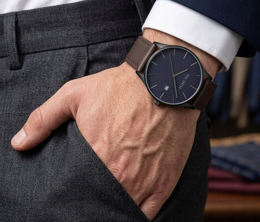 Men's watch Paul Lorens LONGIO brown leather - with date- for Dad +ENGRAVING Brand Paul Lorens