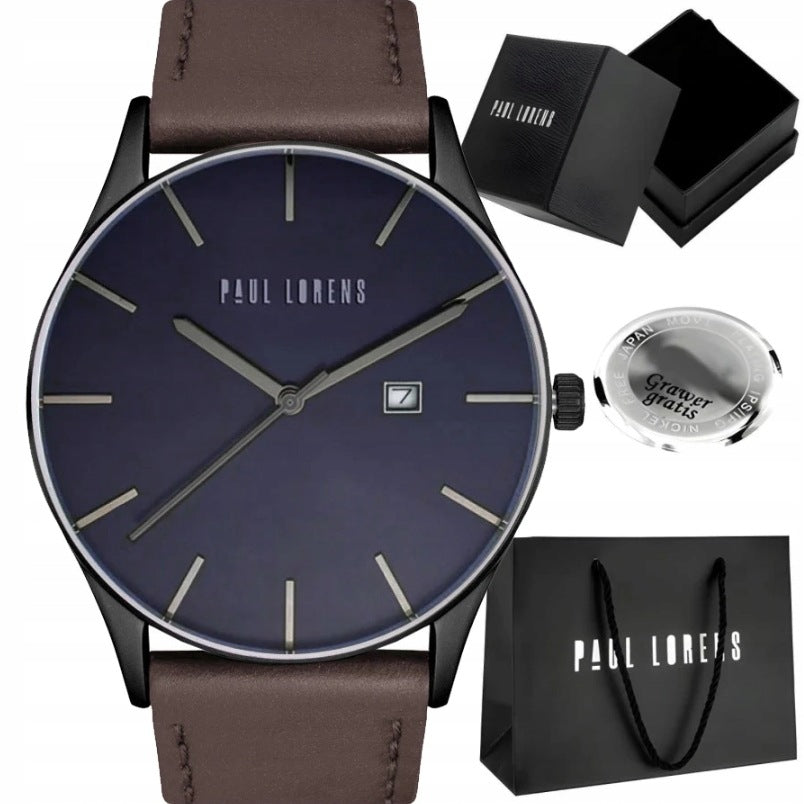 Men's watch Paul Lorens LONGIO brown leather - with date- for Dad +ENGRAVING