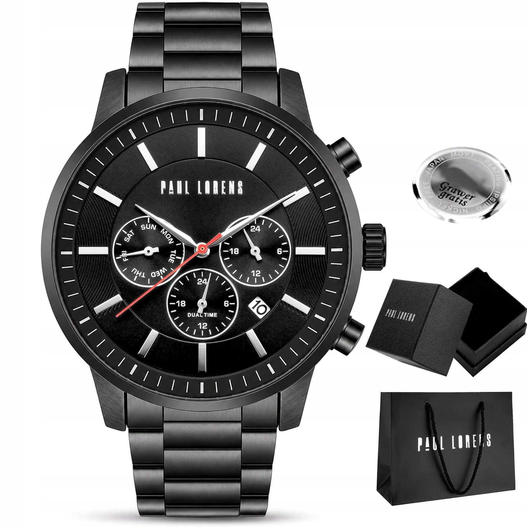 Men's watch Paul Lorens TORNAR steel bracelet + date - WITH ENGRAVING