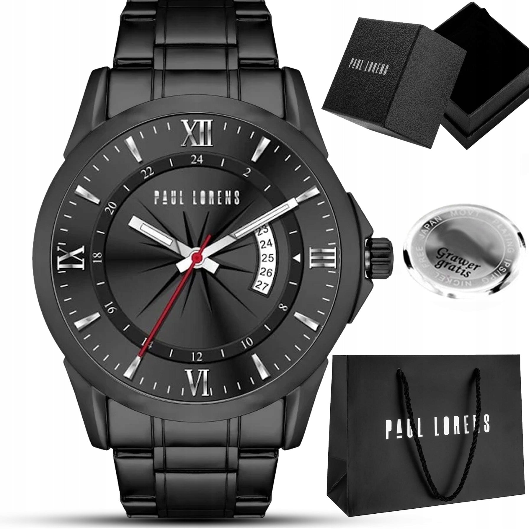 Men's watch Paul Lorens TRISTOR with date - steel bracelet ENGRAVING