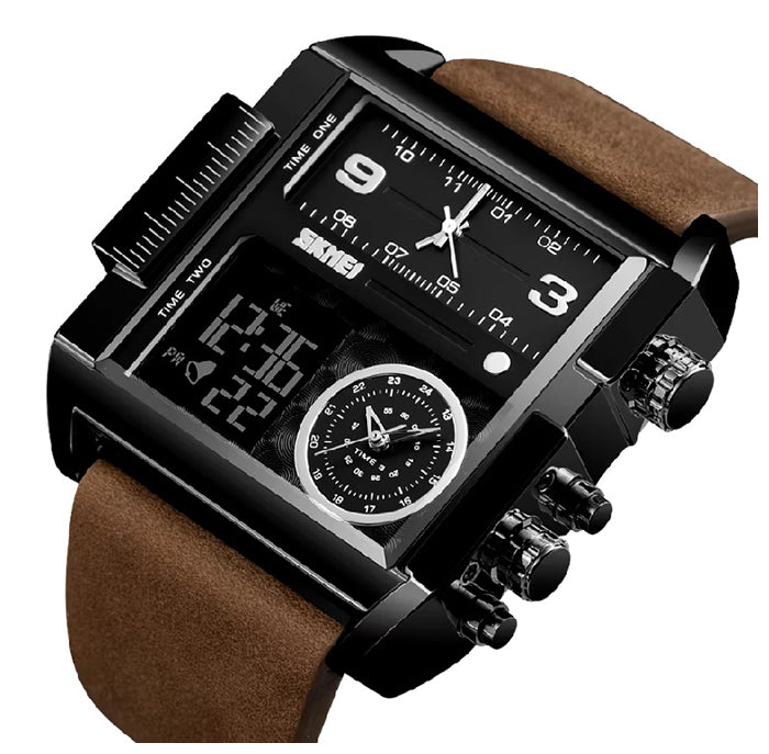 Men's watch SKMEI analog digital leather strap large dial many functions
