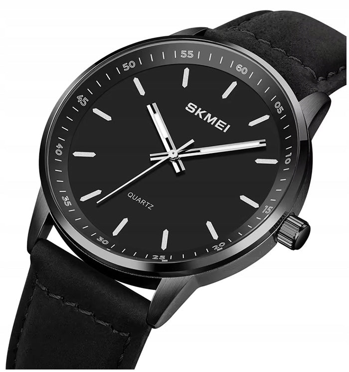 Men's watch SKMEI analog leather strap readable dial black brown
