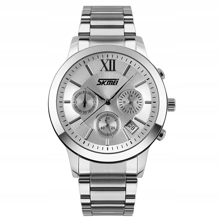 Men's watch SKMEI analog steel bracelet chronograph date silver Brand Skmei
