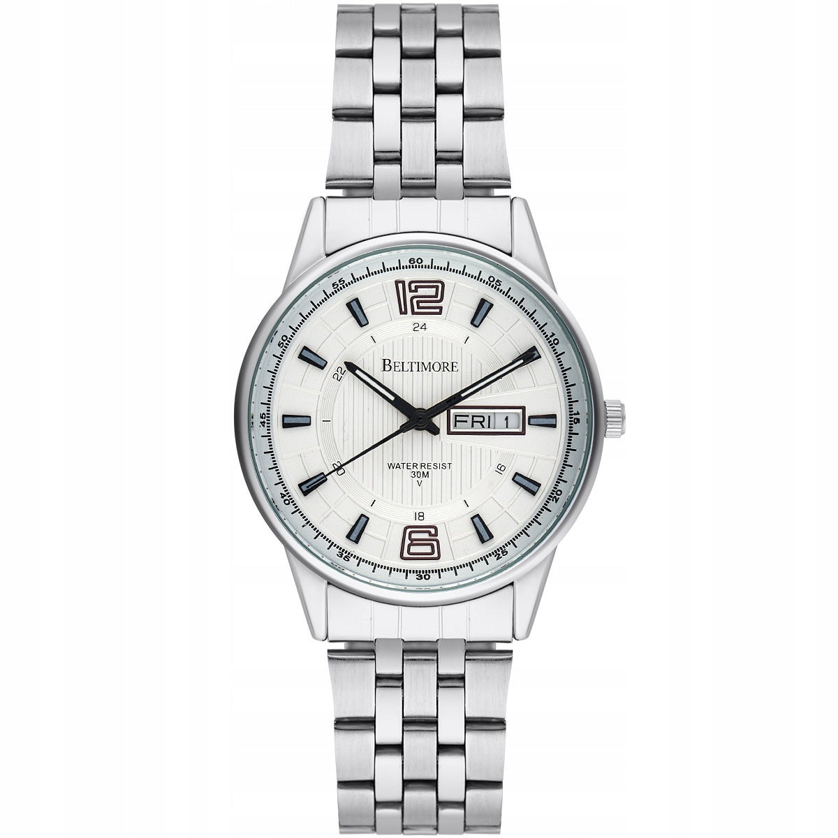 Men's watch bracelet date large silver quartz box Beltimore