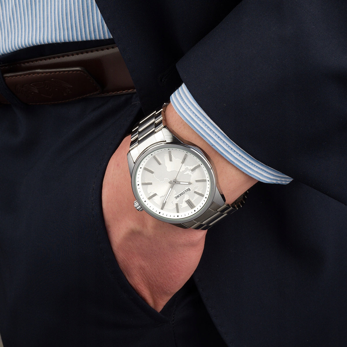 Men's watch bracelet large solid silver quartz box Beltimore Brand no brand