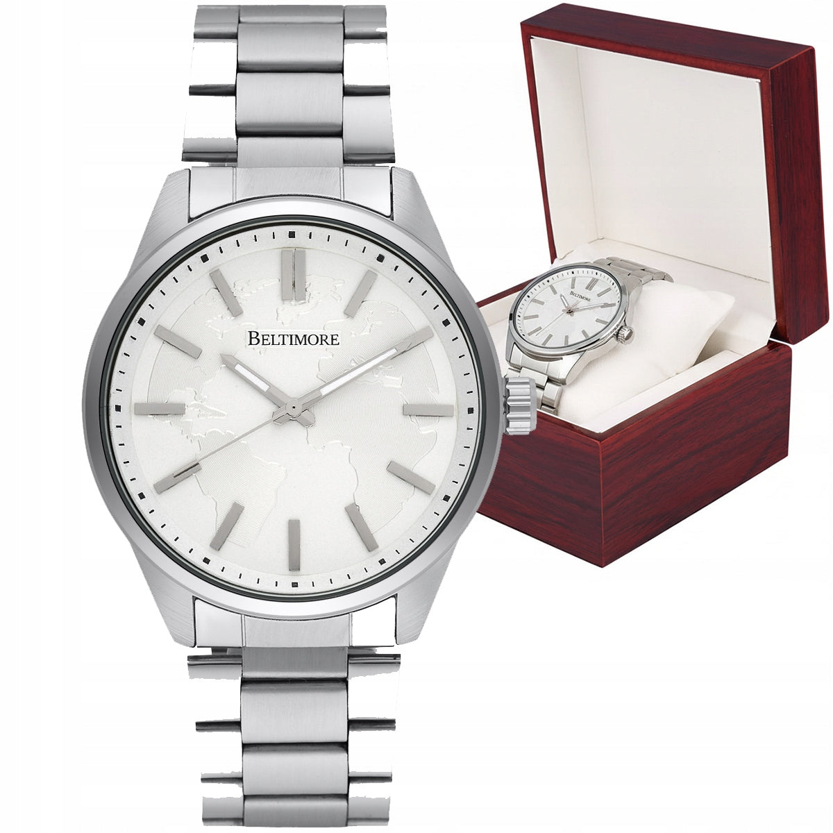 Men's watch bracelet large solid silver quartz box Beltimore