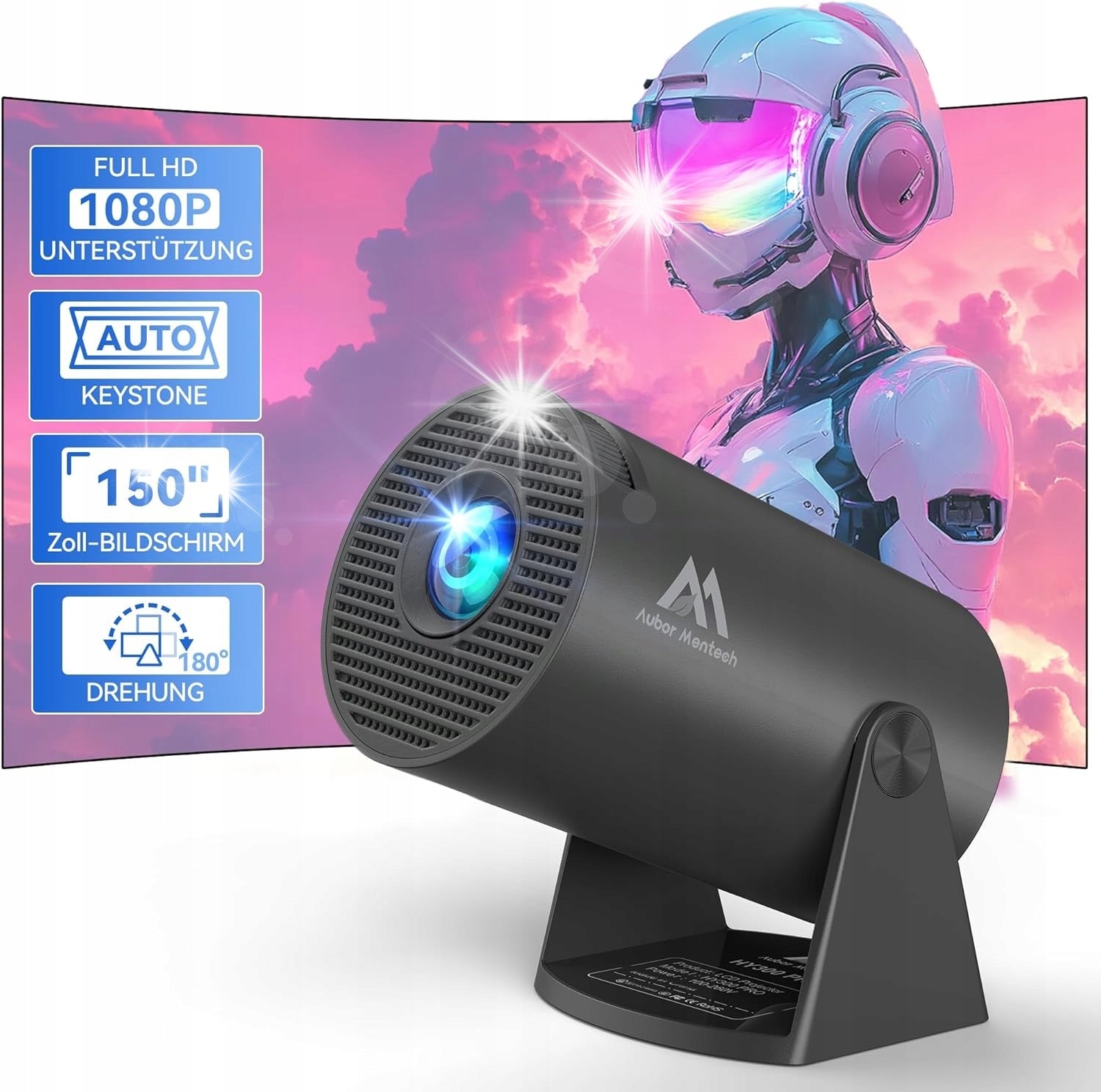 Mentech – Mini projector 180°, Android 11, WiFi 6, 150", 4K decoding