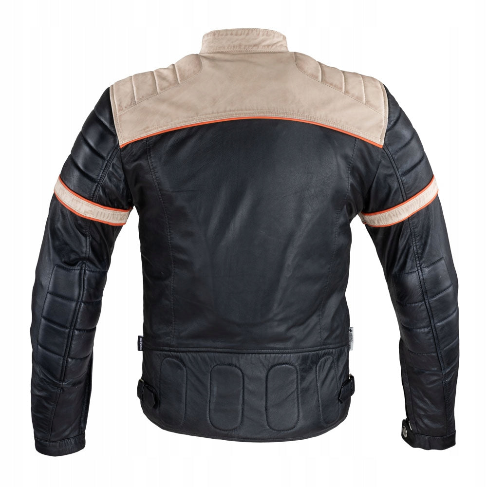 Herren-Lederjacke W-TEC Hellsto – Schwarz mit beigem und orangefarbenem Streifen 4XL