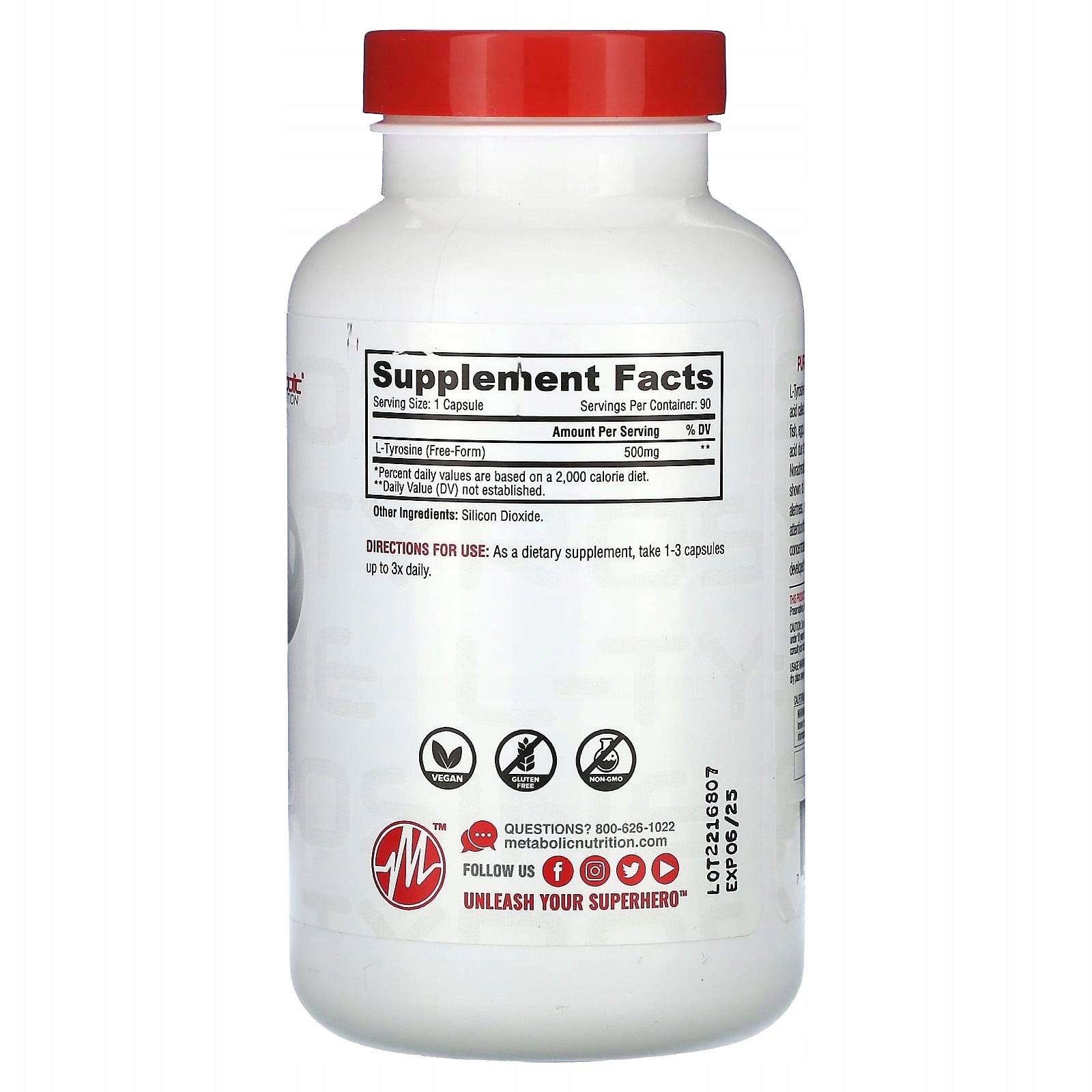 Metabolic Nutrition, L-Tyrosine, Pure Pharma Grade, 500 mg, 90 capsules Expiration date at least 3 months from the date of purchase