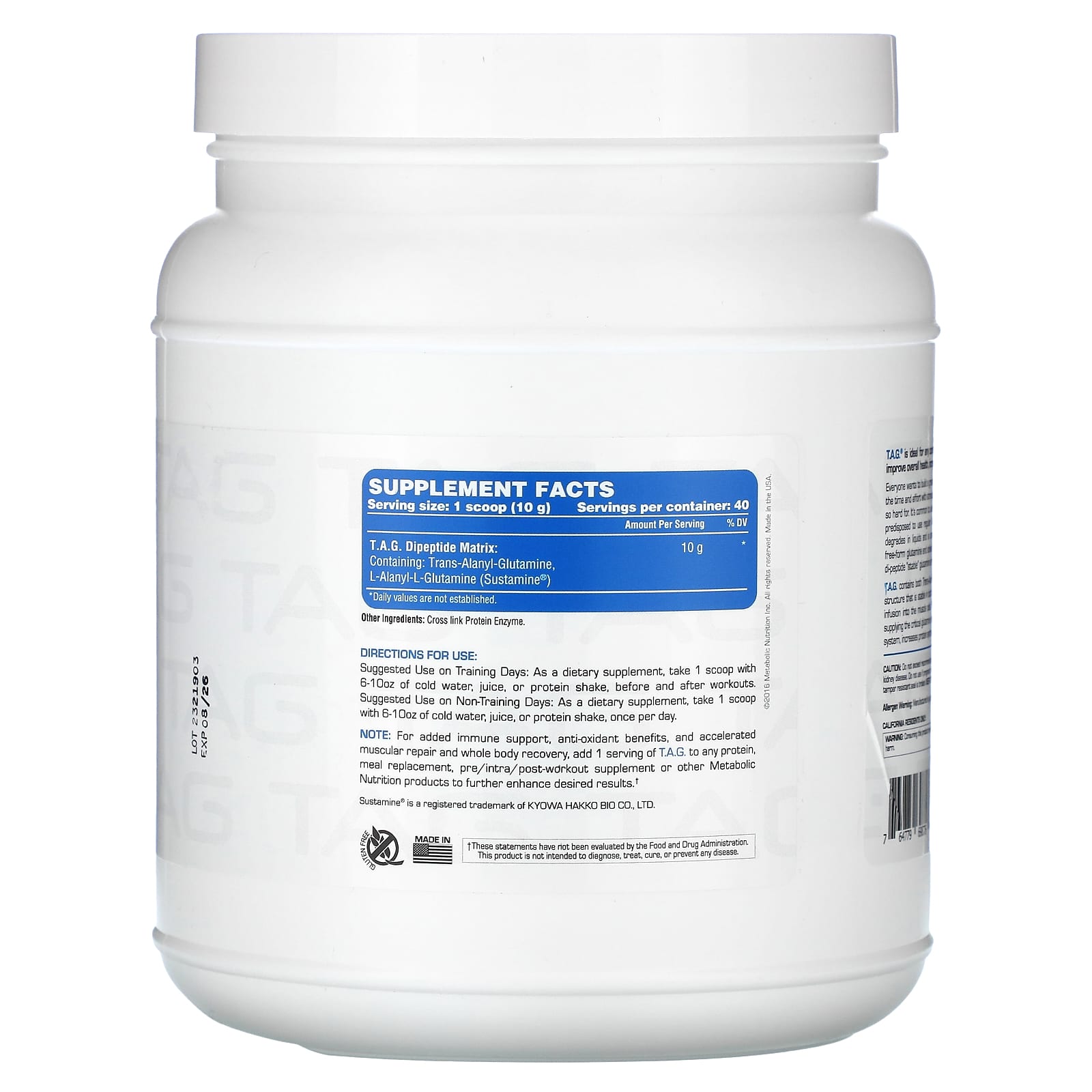 Metabolic Nutrition, TAG, non-flavoured, 400 g Expiration date at least 3 months from the date of purchase