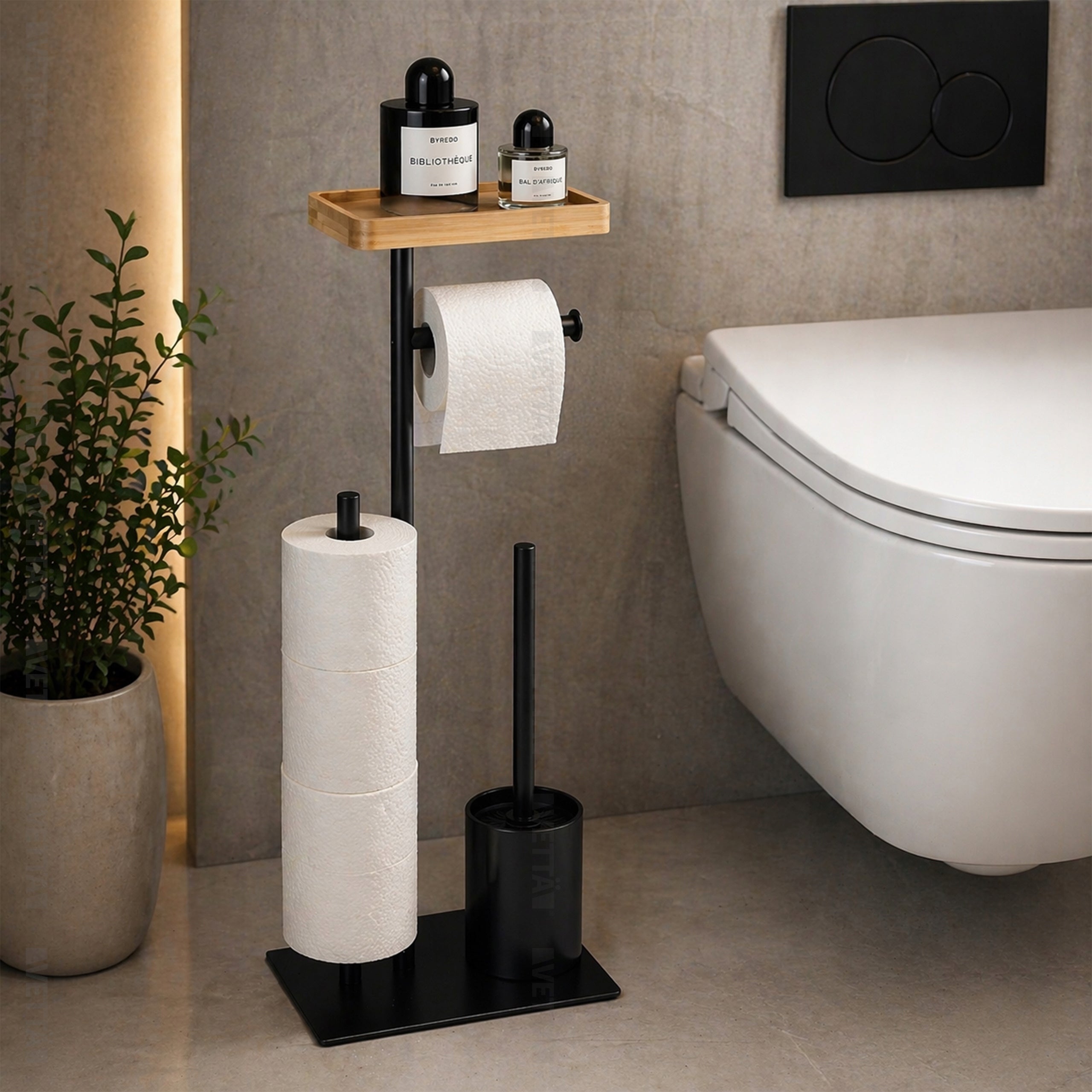 Metal Toilet Paper Stand + Bamboo Shelf Brush Holder Packaging status original