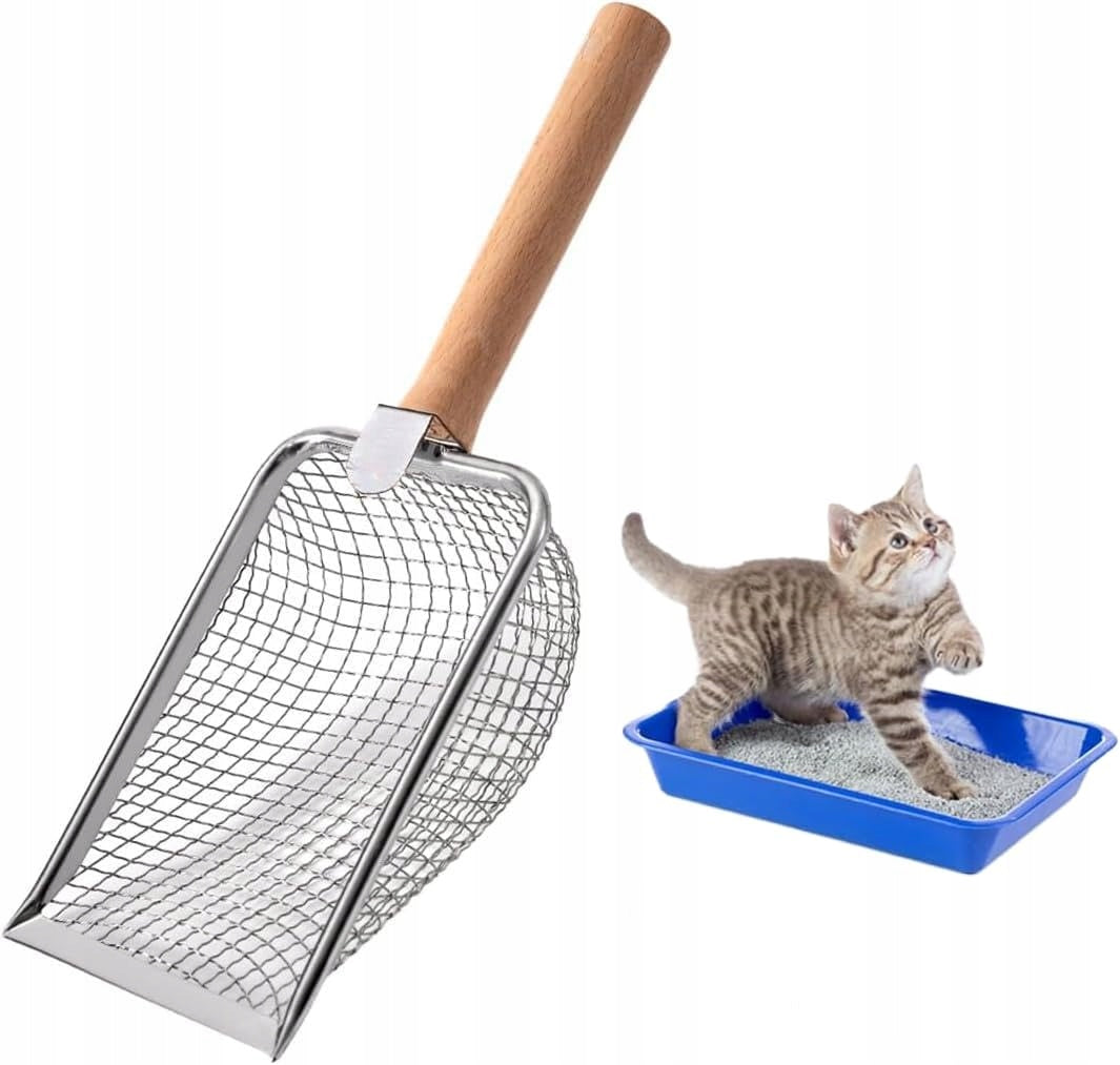 Metal litter box paddle with strainer and wooden cat handle