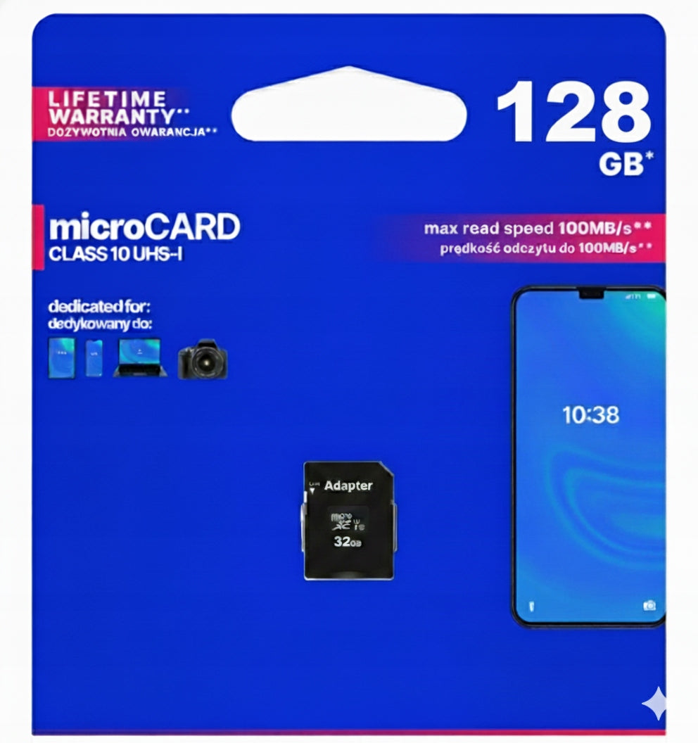 MicroSDHC Memory Card 128GB CL10 UHS I + Rindle Adapter