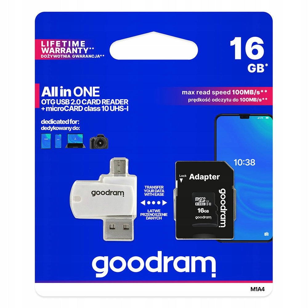 MicroSDHC Memory Card GOODRAM 16GB M1A4 UHS-I + Adapter Card capacity 16 GB