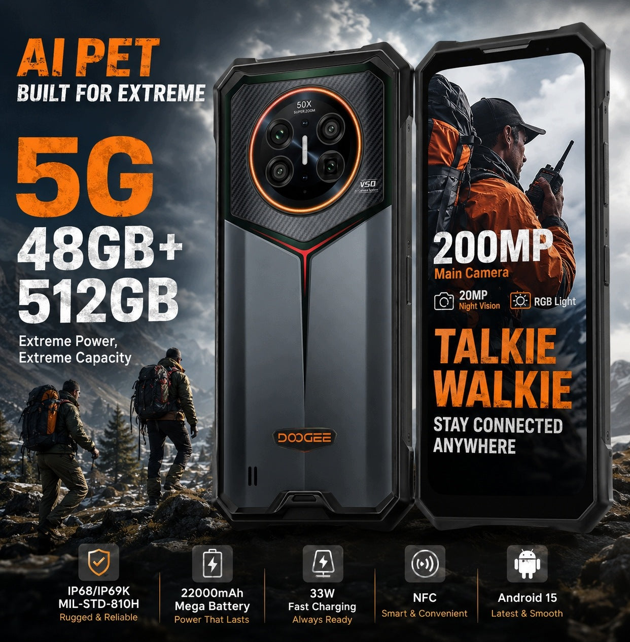 Military Armored Smartphone DOOGEE V50 16/512GB 5G Android16 DUAL SIM GPS Charger included yes