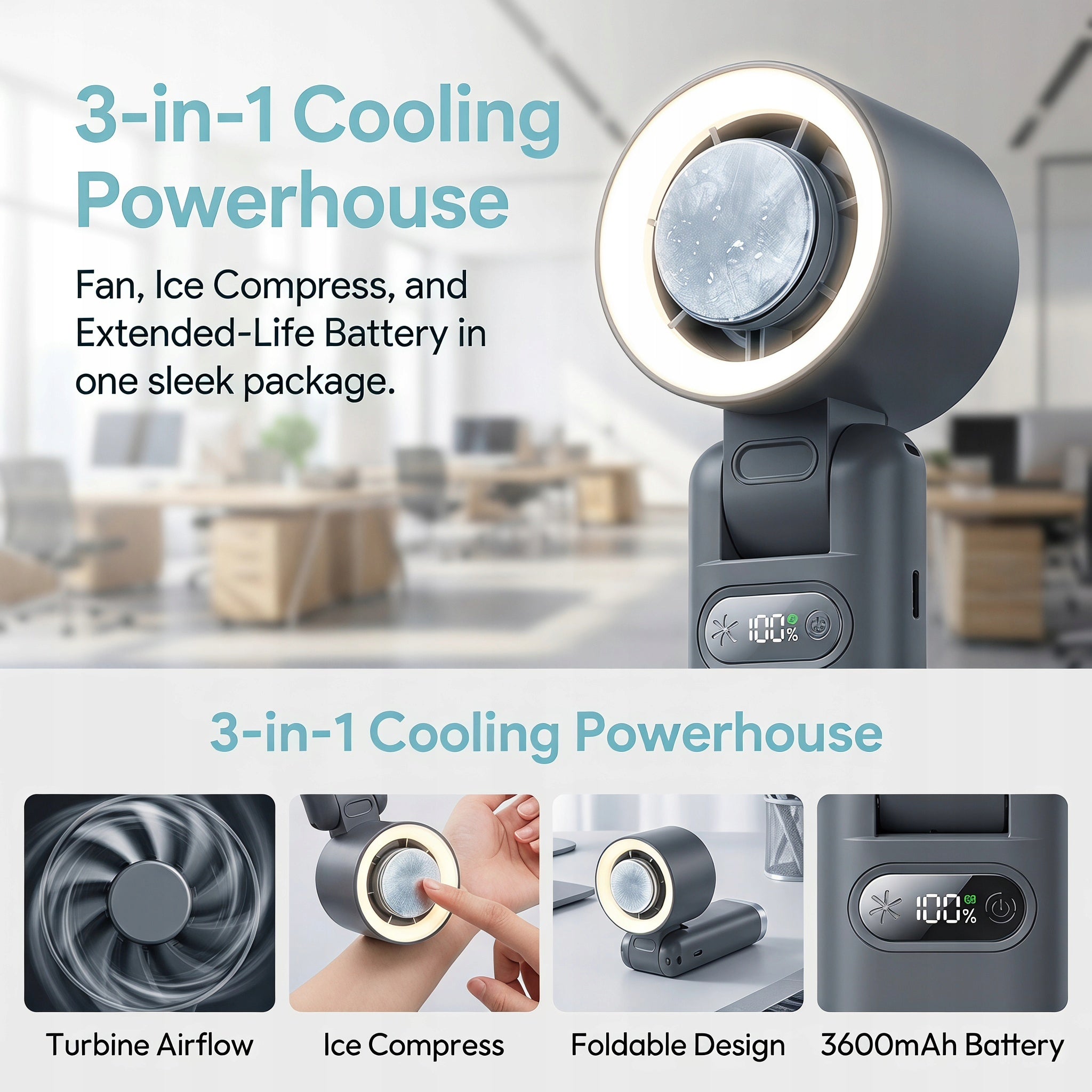 Mini Desk Fan Quiet with LED Night Light Foldable Packaging status original