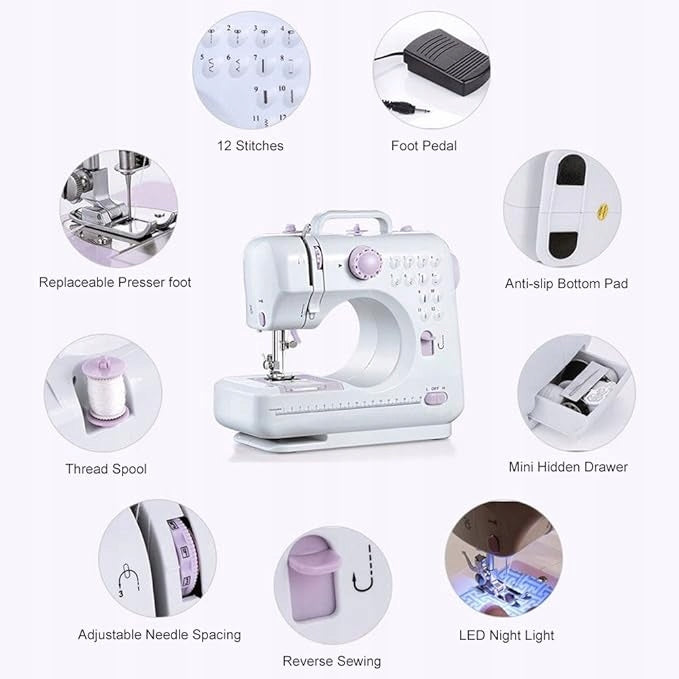 Mini Electric Sewing Machine, 12 Stitches, Double Thread, EU 220V Hook rotating