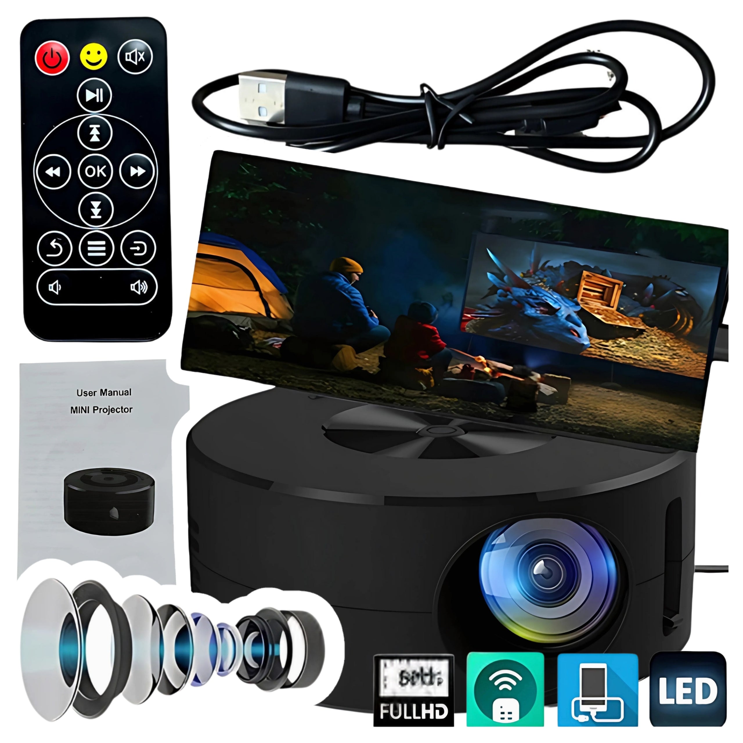 Mini Full HD LED Projector 1080p Smart Portable Bluetooth Battery Android