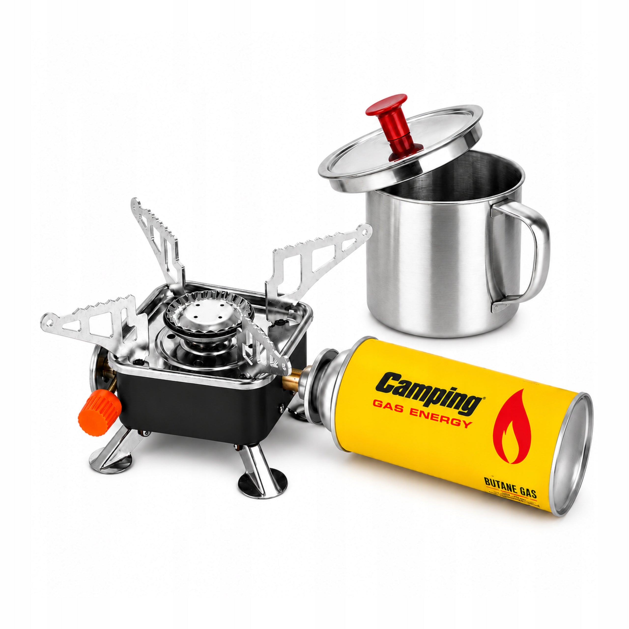 Mini Gas Tourist Cooker + Metal Mug with Lid + Gas SET