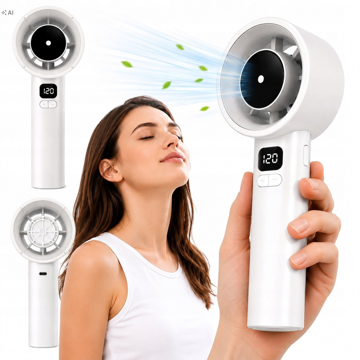 Mini Handheld Fan Turbo USB-C 120 Speed LED Display White