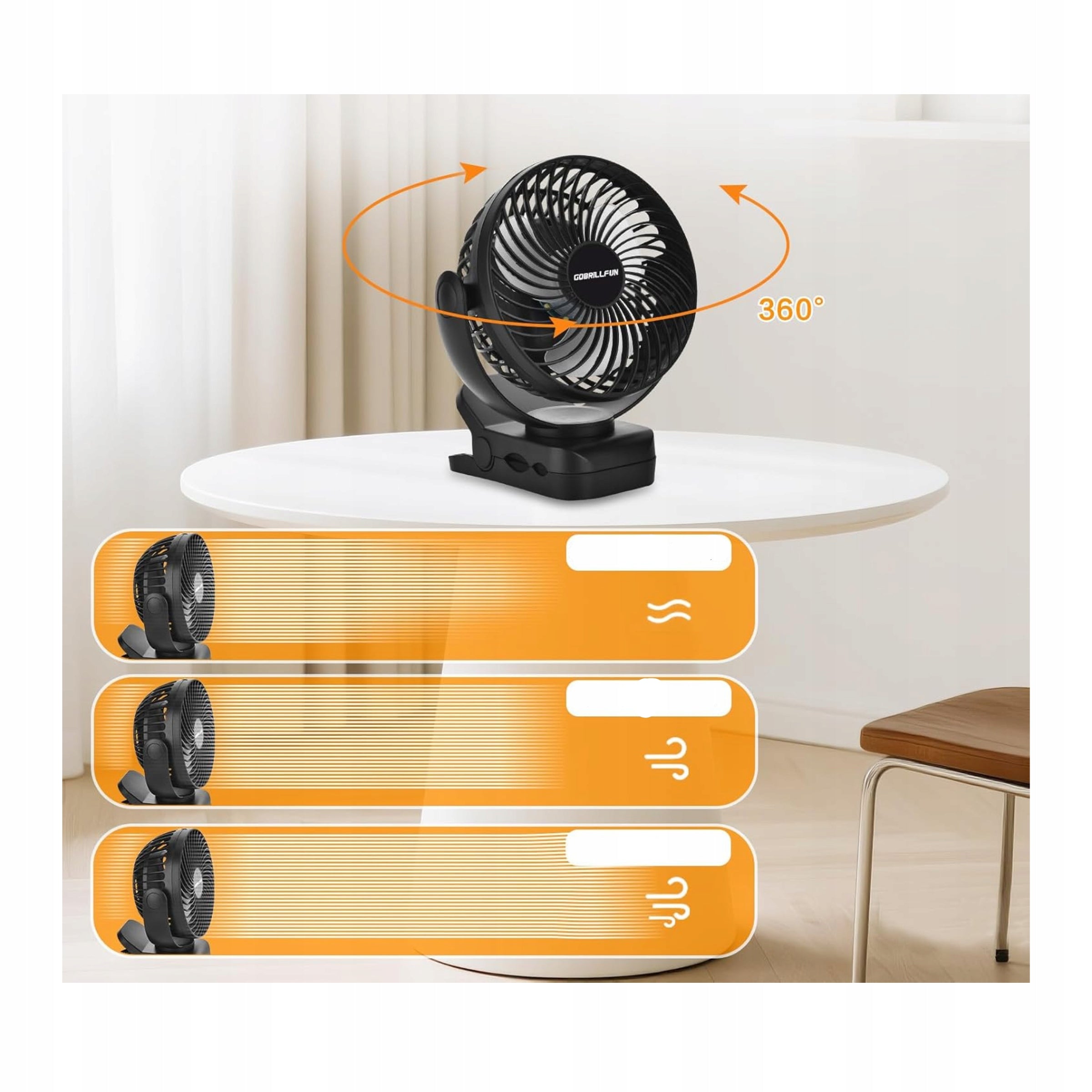 Mini Portable Desk Table Fan Black 3 Speeds 12000mAh Model Gobrillfun CFL
