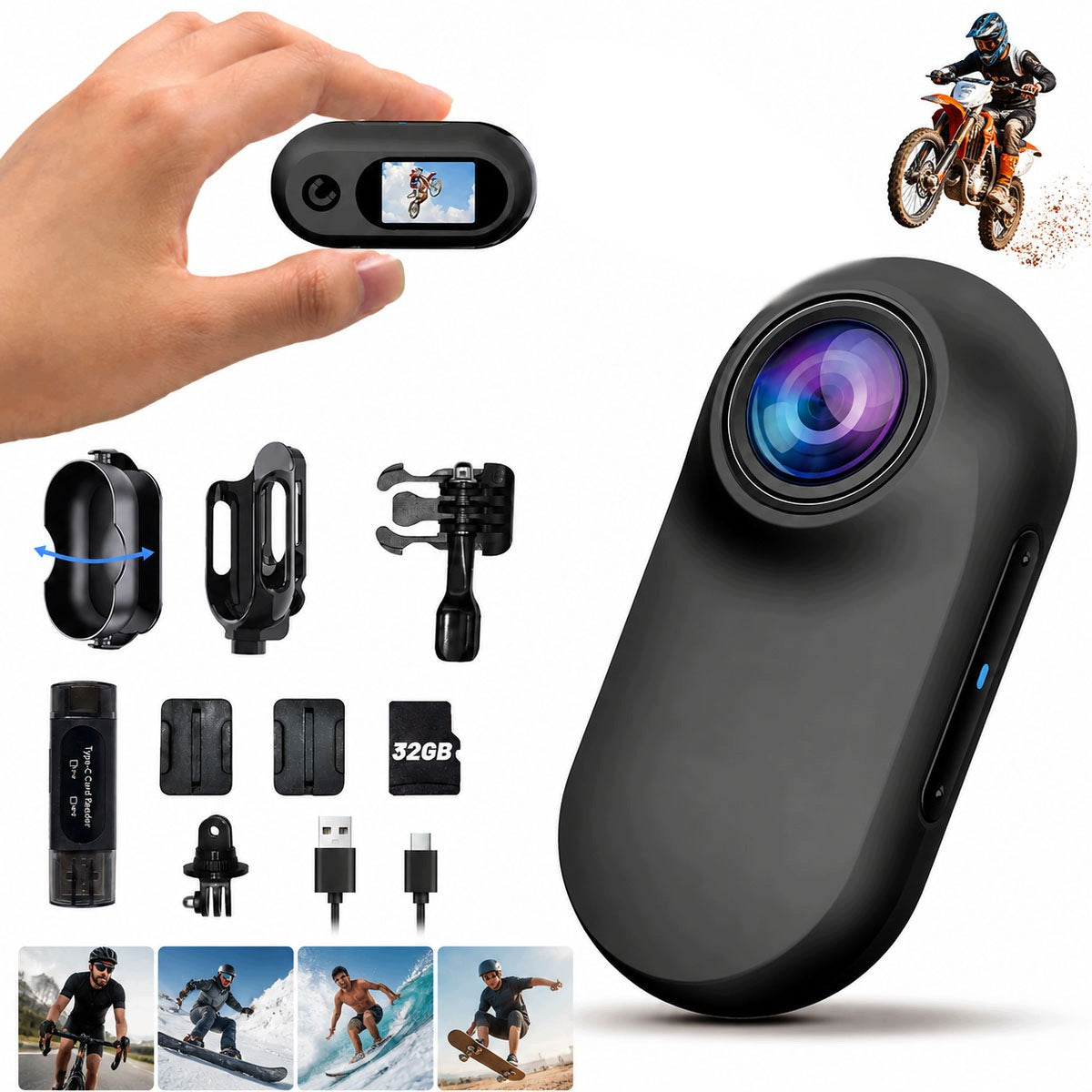Mini Sports Camera HD 1080P Waterproof 32GB + Accessories