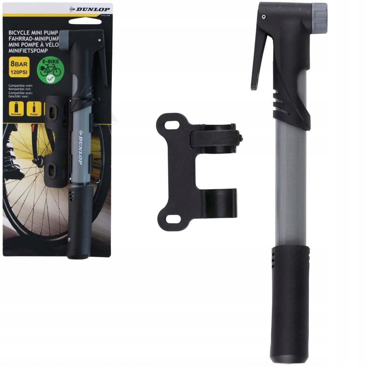 Mini hand bicycle pump DUNLOP 120psi (8bar) with frame holder