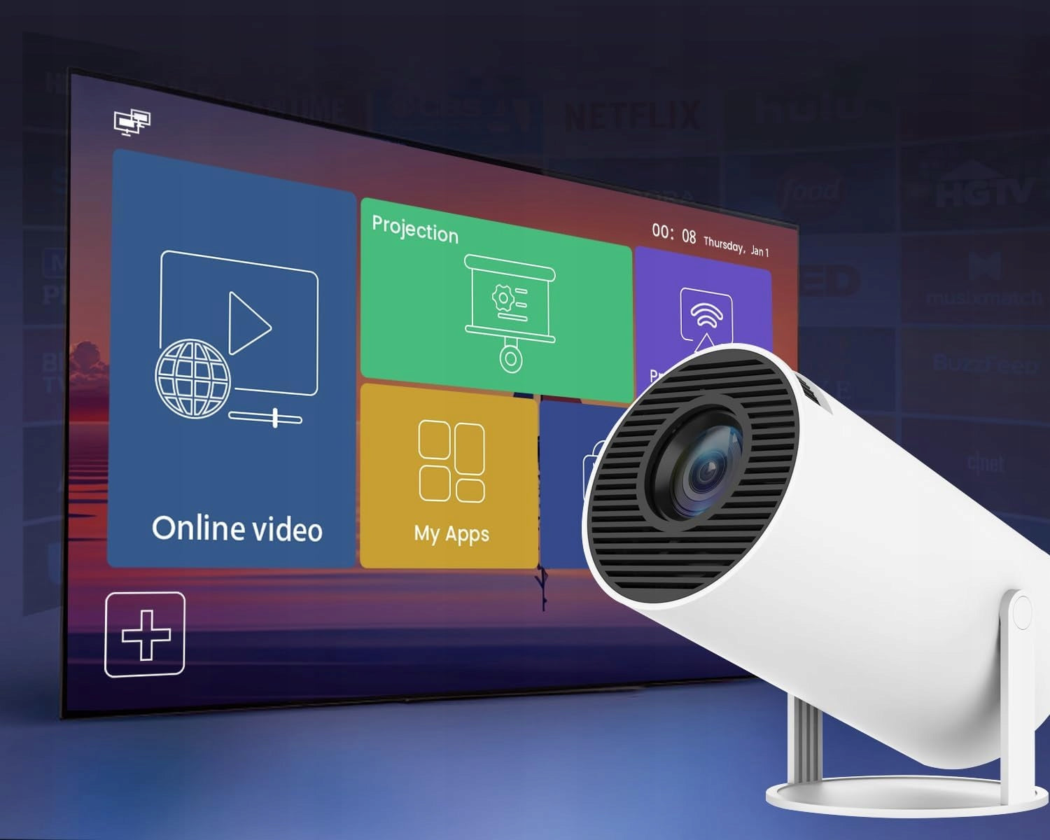 Mini projector smart 4K WiFi 6 BT5.4 200ANSI 8000 lm 200 inches auto keystone Model VMBVCTCY