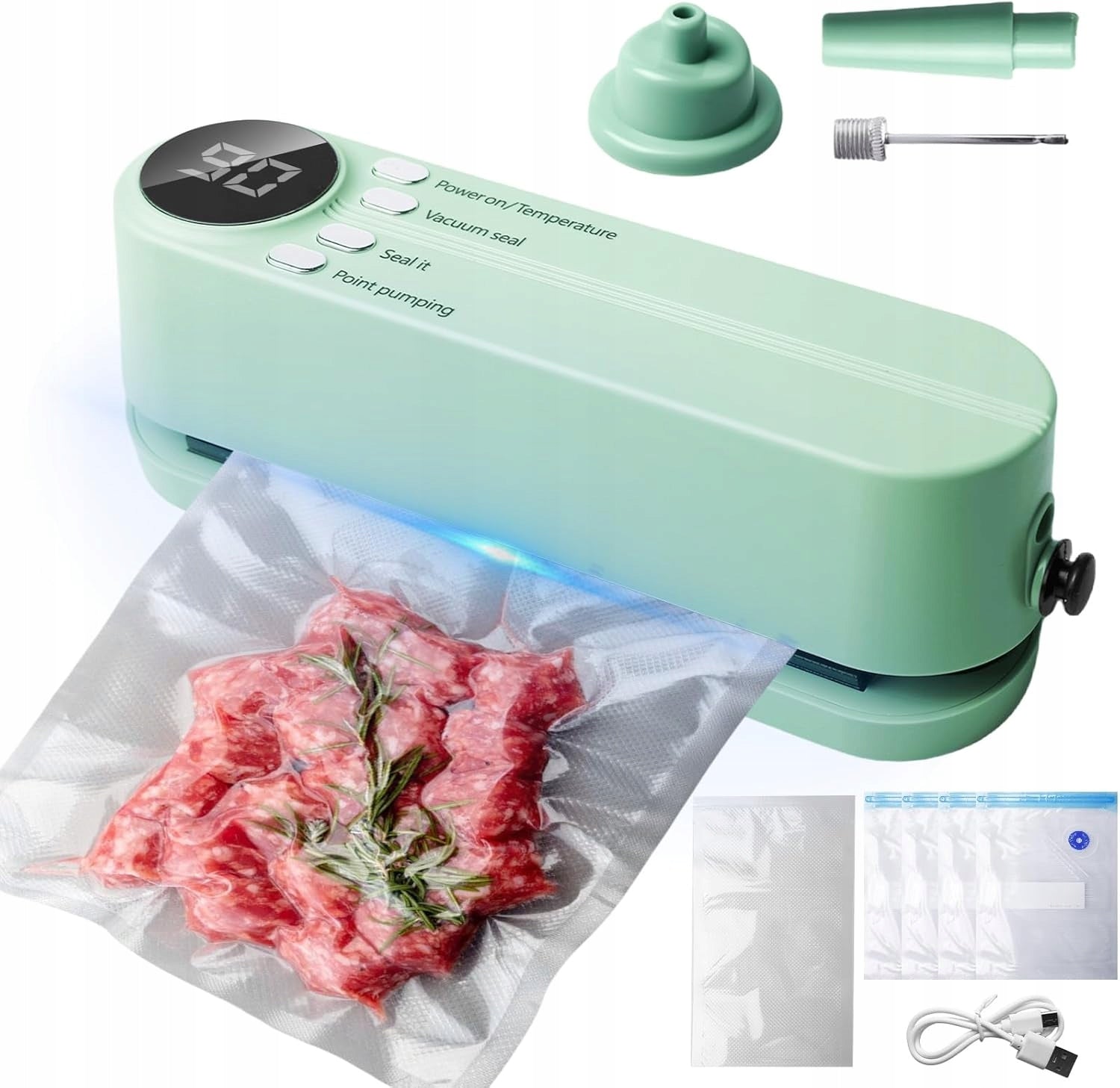 Mini vacuum sealer 3 modes + 5 bags 60kPa USB-C green