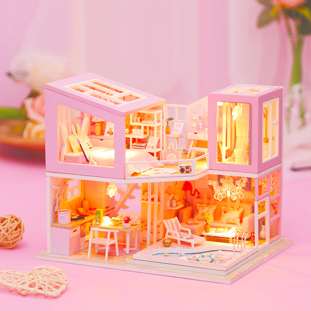 Miniature DIY Drewen Dollhouse with Furniture and LED Light Pink