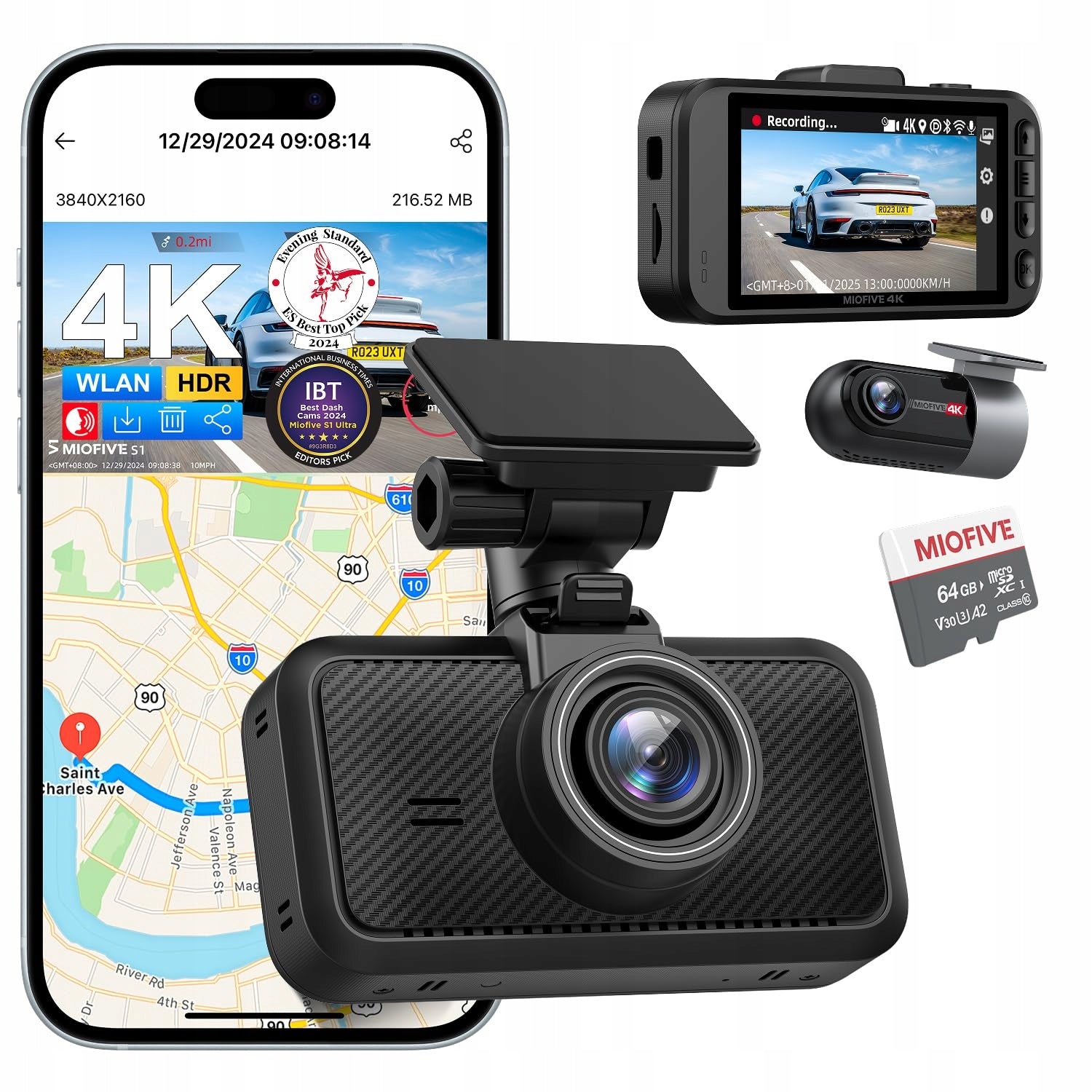 Miofive Dashboard Camera for Front and Rear 4K Camera