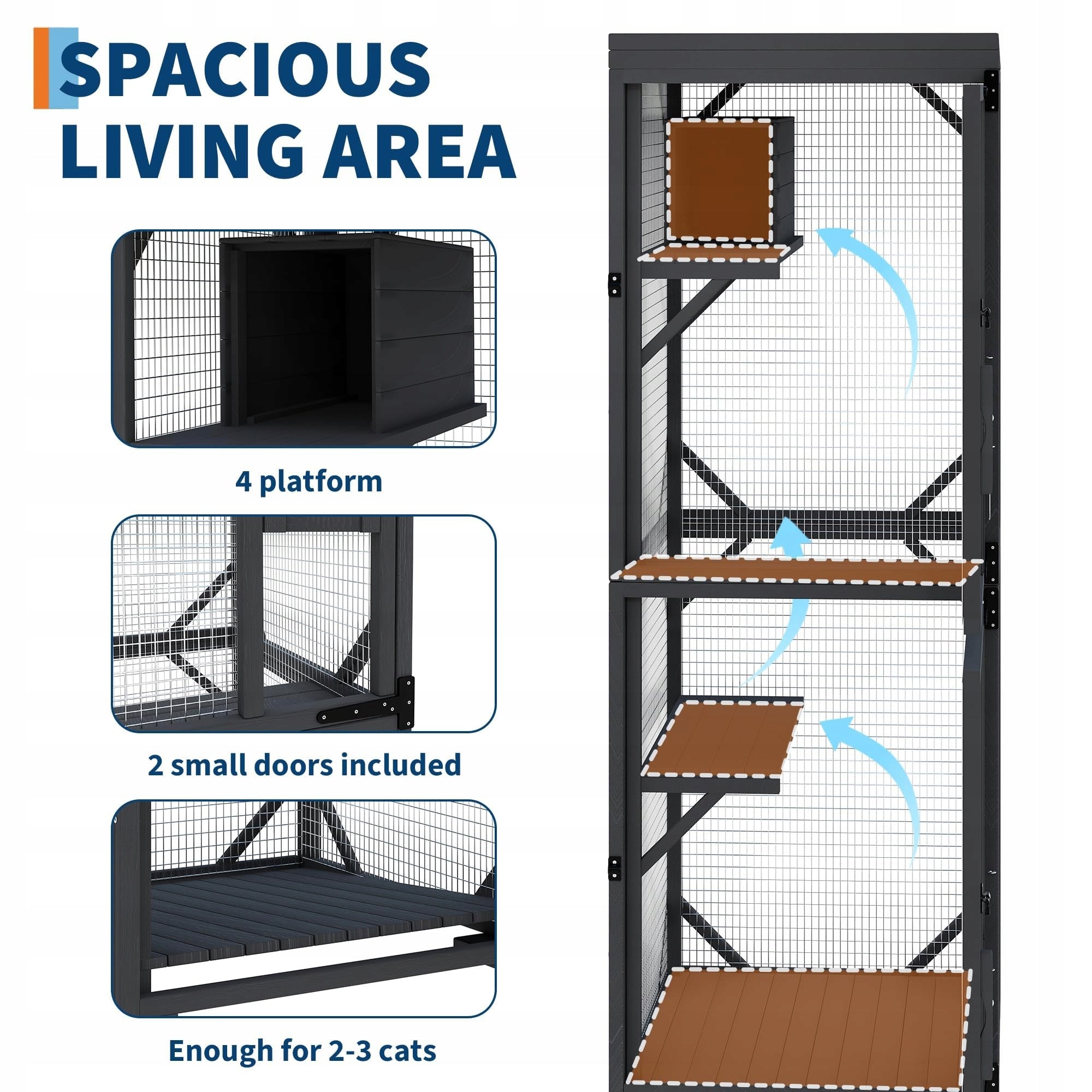 Mobile Catio on Wheels 2-Story Wooden Cat Enclosure 190 x 82 x 81 cm Black Kind cage
